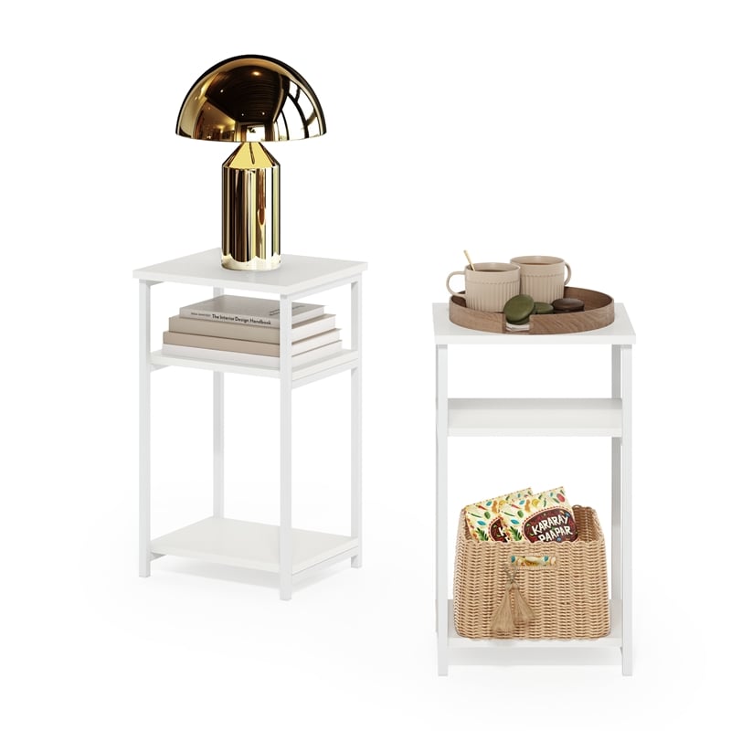 Furinno JUST 3-Tier Industrial Metal Frame End Table with Storage White/White