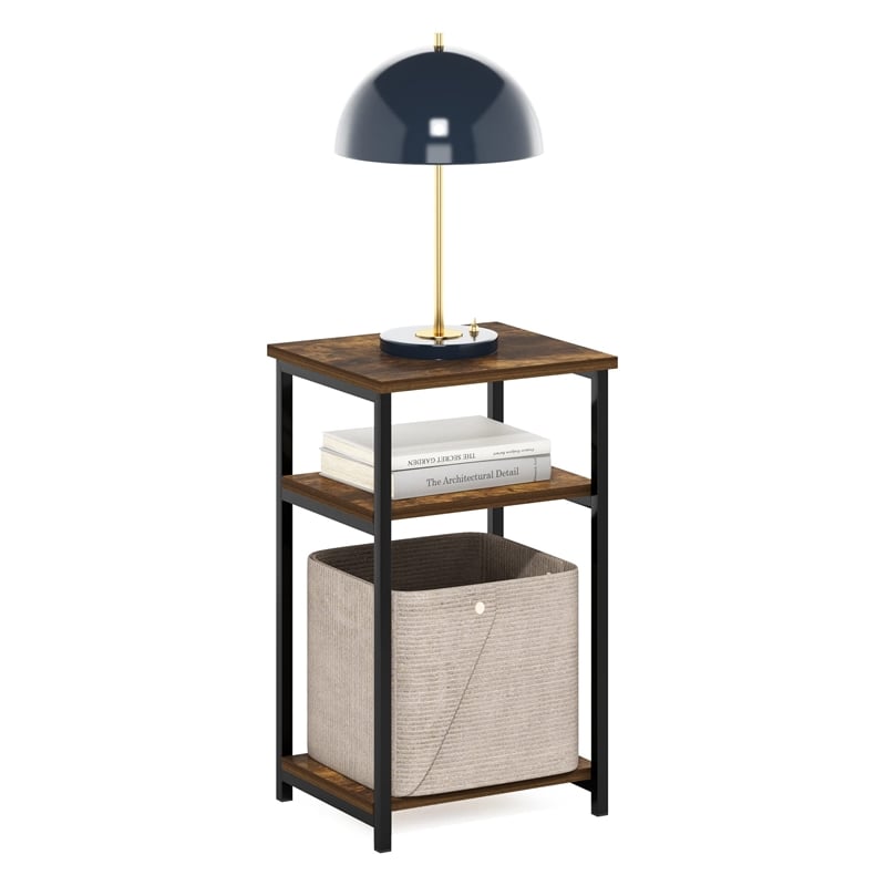 Furinno JUST 3-Tier Industrial Metal Frame End Table with Storage Amber Pine