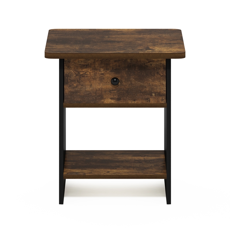 Furinno DARIO End Table/ Night Stand Shelf with Bin Drawer in Amber Pine/Black
