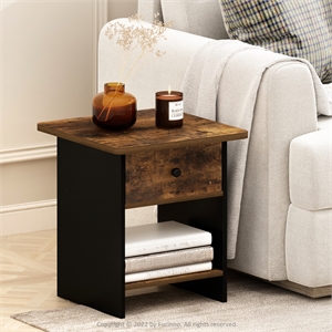 Furinno Dario End Table/ Night Stand Shelf with Bin Drawer in Amber Pine/Black