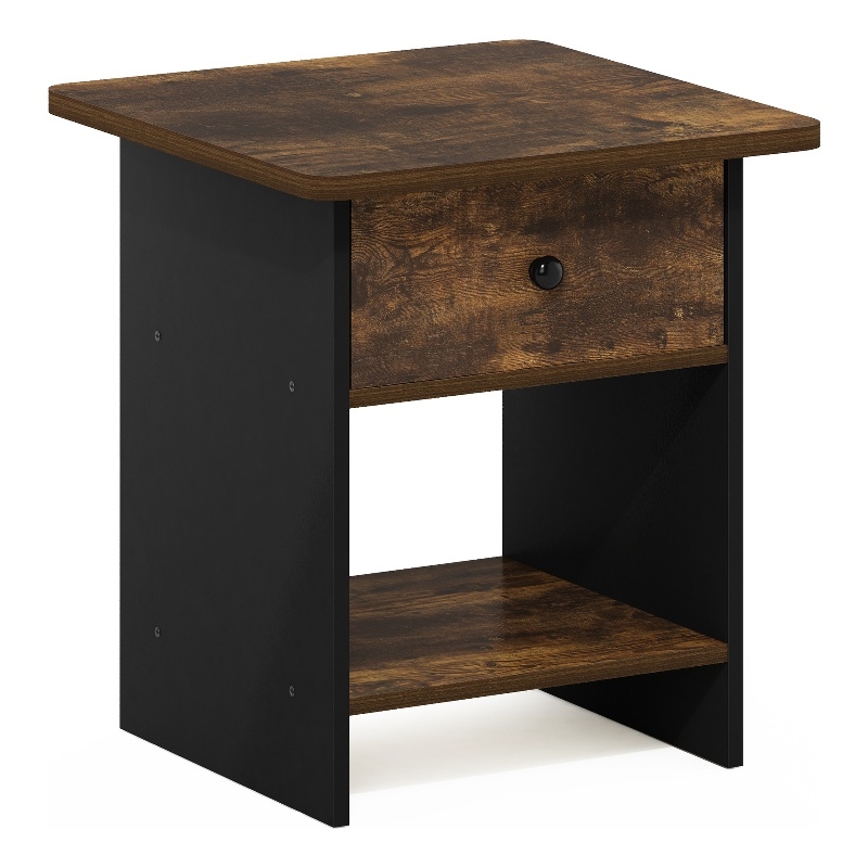 Furinno DARIO End Table/ Night Stand Shelf with Bin Drawer in Amber Pine/Black