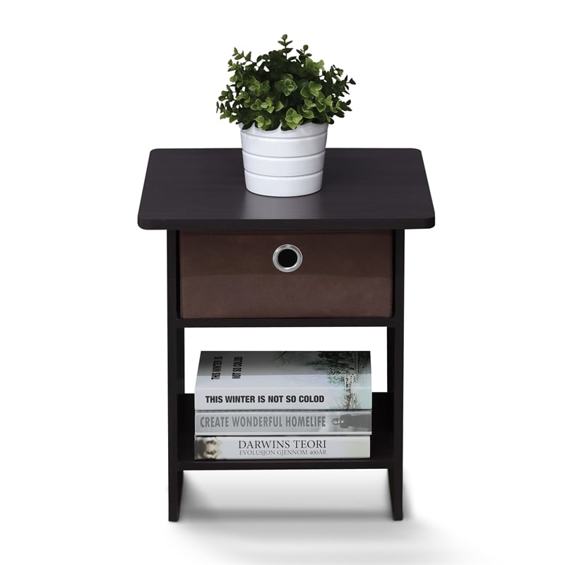 Furinno DARIO End Table/ Night Stand Shelf with Bin Drawer in Dark Walnut