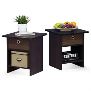 Furinno DARIO End Table/ Night Stand Shelf with Bin Drawer in Dark Set of 2