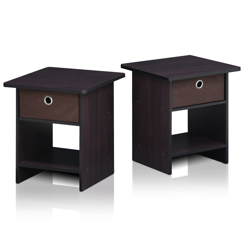 Furinno Dario End Table/ Night Stand Shelf with Bin Drawer in Dark Set of 2