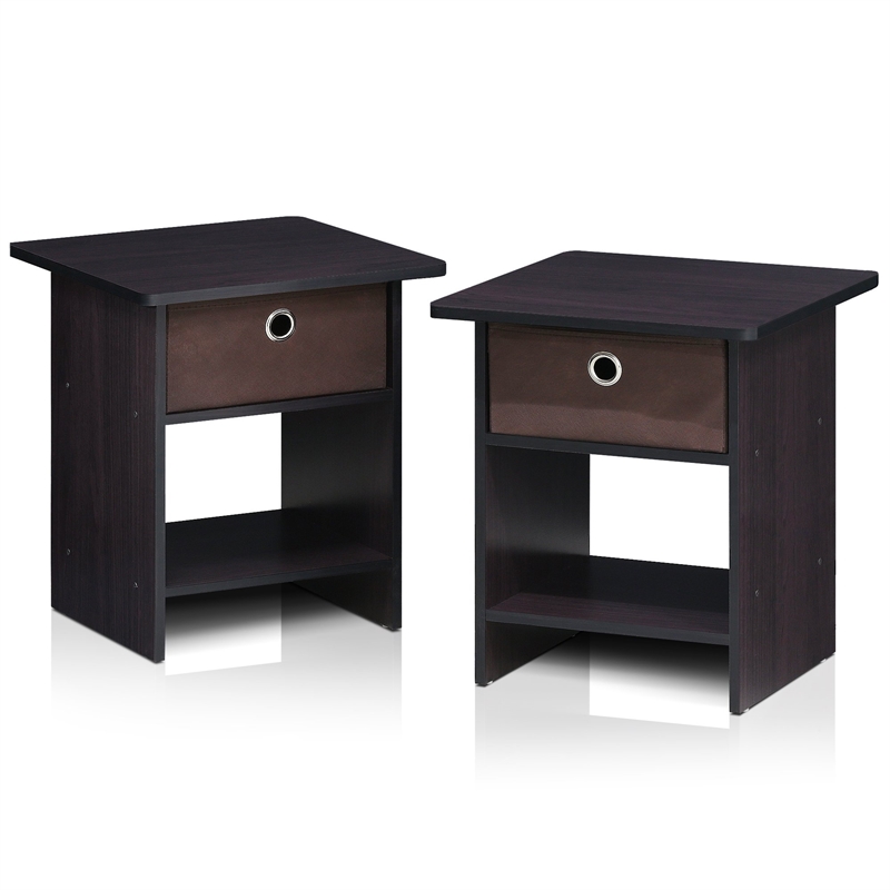 Furinno Dario End Table/ Night Stand Shelf with Bin Drawer in Dark Set of 2