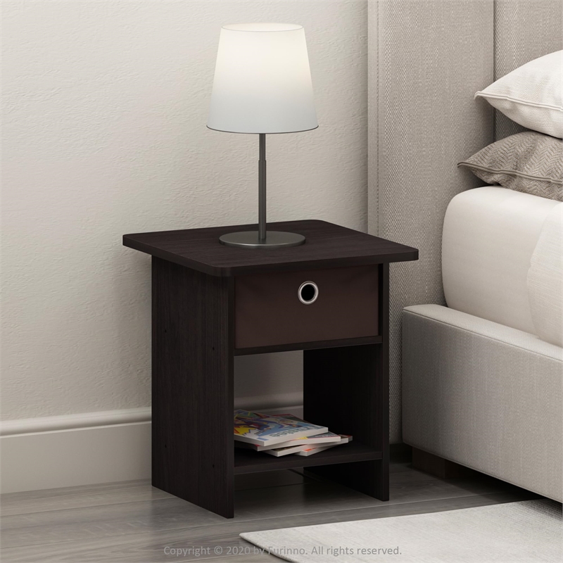 Furinno Dario End Table/ Night Stand Shelf with Bin Drawer in Dark Set of 2