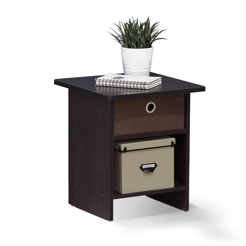 Furinno Dario End Table/ Night Stand Shelf with Bin Drawer in Dark Set of 2