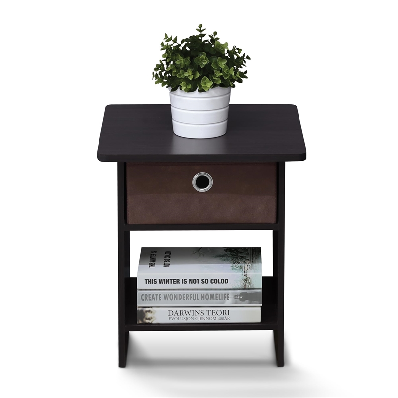 Furinno Dario End Table/ Night Stand Shelf with Bin Drawer in Dark Set of 2