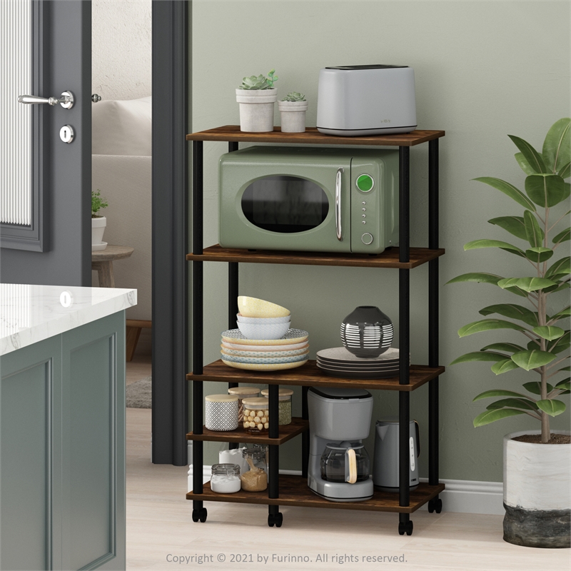 Furinno TURN-N-TUBE 4-Tier Toolless Kitchen Shelf Cart in Amber Pine/Black