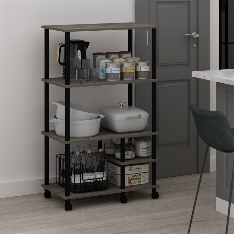 Furinno TURN-N-TUBE 4-Tier Toolless Kitchen Shelf Cart in French Oak Grey/Black