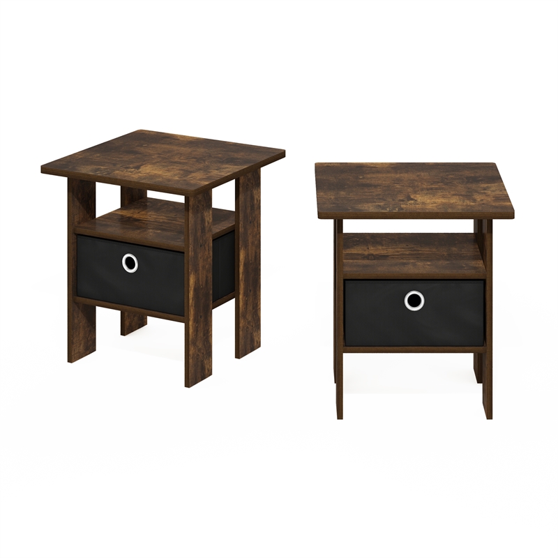Furinno ANDREY End Table Nightstand with Bin Drawer in Amber Pine/Black Set of 2