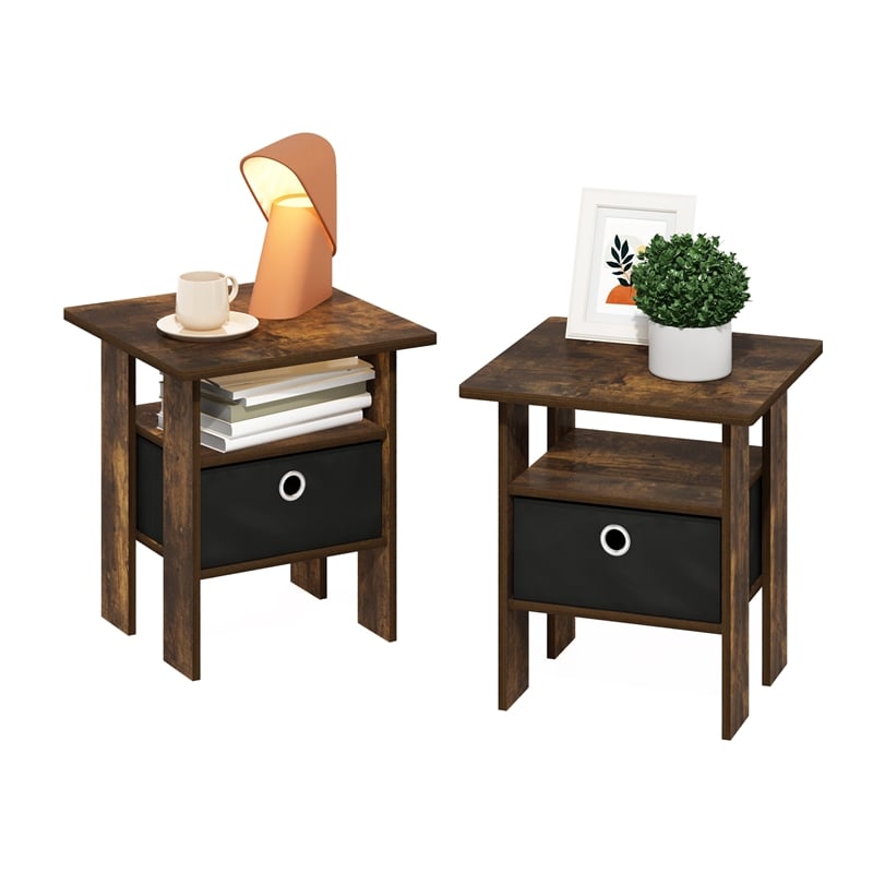 Furinno ANDREY End Table Nightstand with Bin Drawer in Amber Pine/Black Set of 2