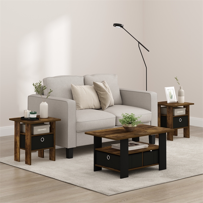 Furinno ANDREY End Table Nightstand with Bin Drawer in Amber Pine/Black Set of 2