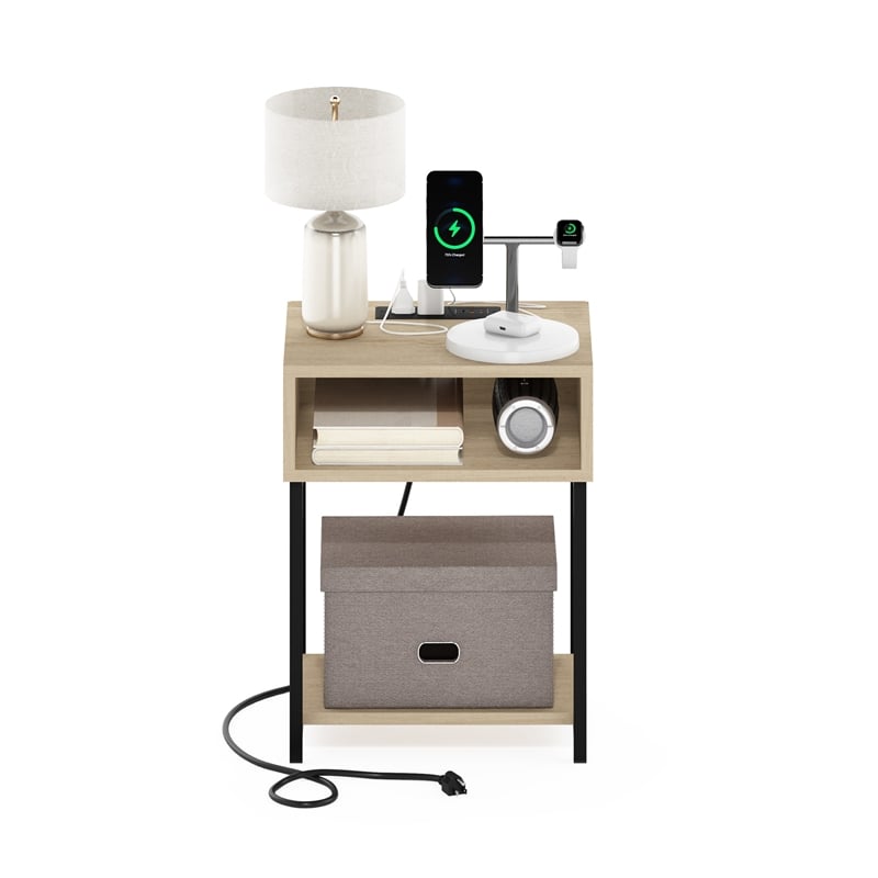 Furinno MORETTI USB and Type-C Charging Port Open Storage Side Table Bauhaus Oak