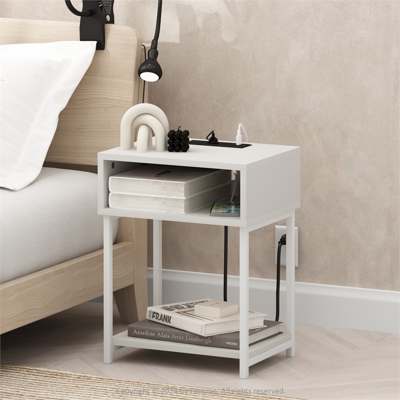 Furinno MORETTI USB and Type-C Charging Port Open Storage Side Table White/White