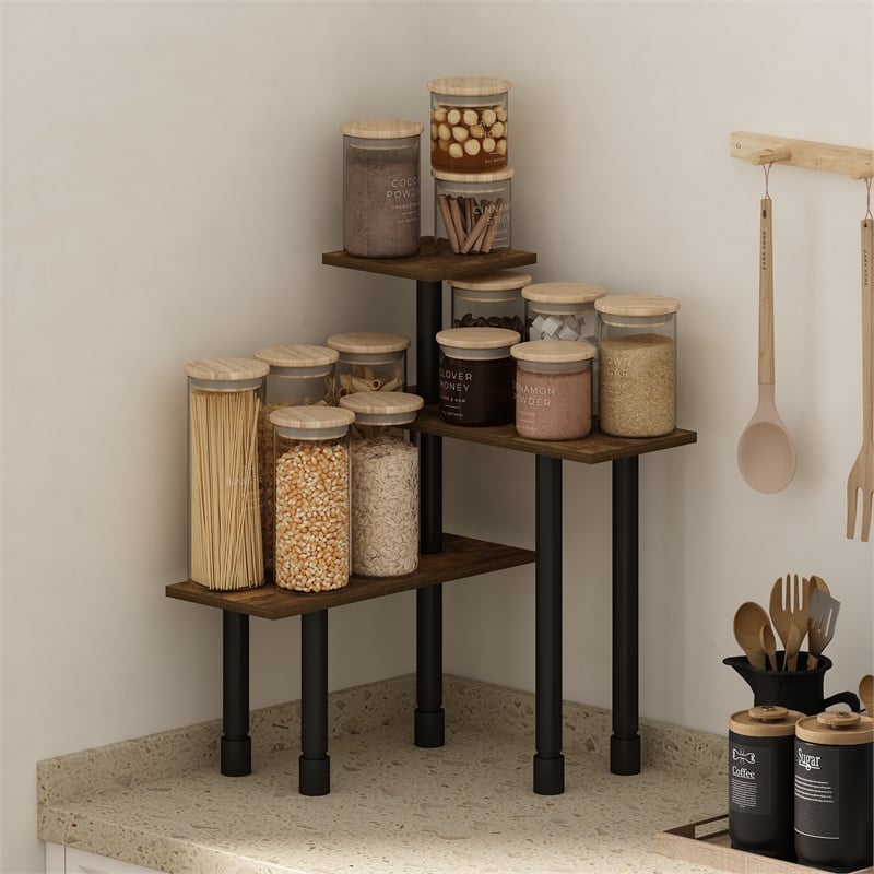 Furinno TURN-N-TUBE 3-Tier Multipurpose Corner Countertop Amber Pine/Black