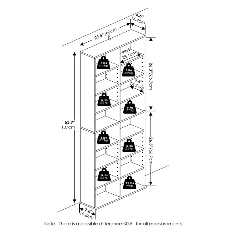Furinno JAYA 16-Shelf Multimedia Media Storage Tower Rack with AdJUSTable White