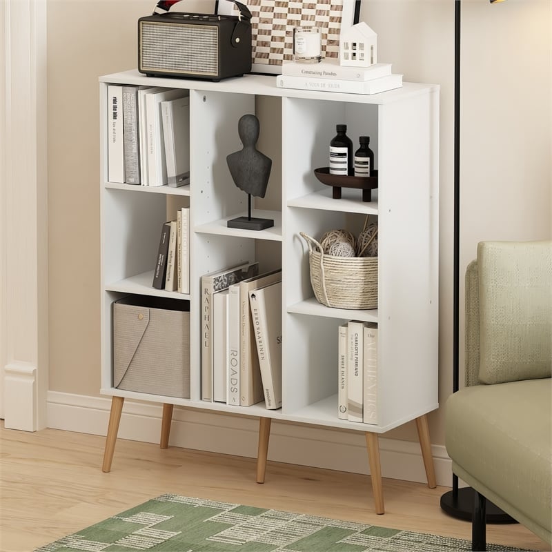 Furinno Claude Mid Century Style 8-Cube Bookcase in Bookshelf in Storage White