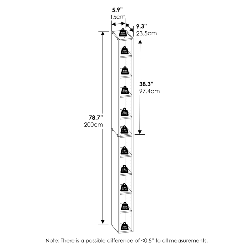 Furinno Fulda 10-Tier  Storage Shelf Bookcase in 6-Inch Width in Blackwood