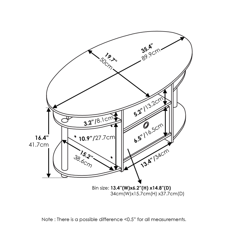 Furinno JAYA Simple Design Oval Coffee Table with Bin in Stainless Steel Tubes