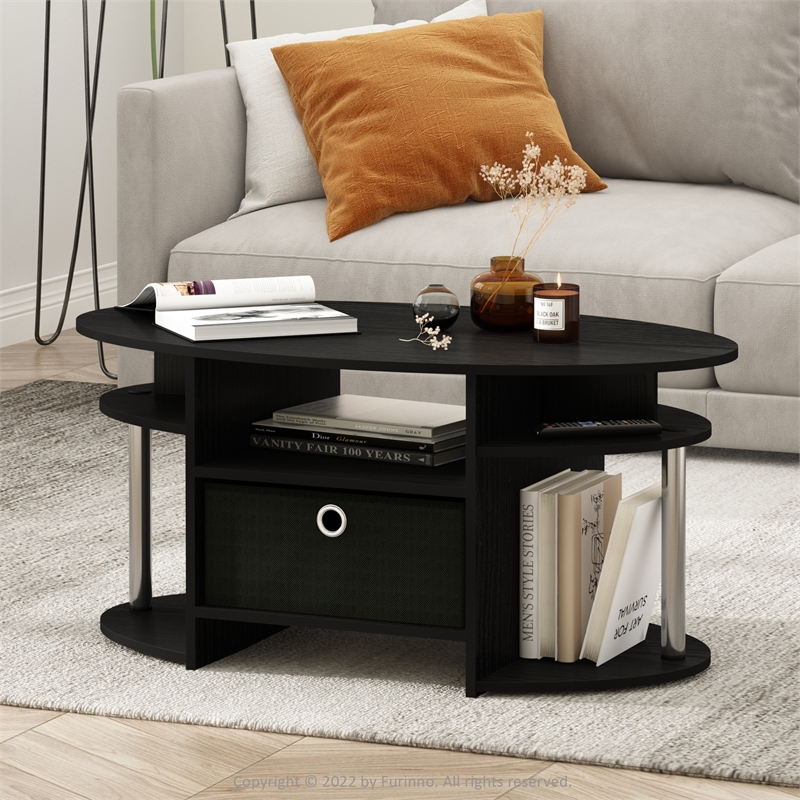 Furinno JAYA Simple Design Oval Coffee Table with Bin in Stainless Steel Tubes