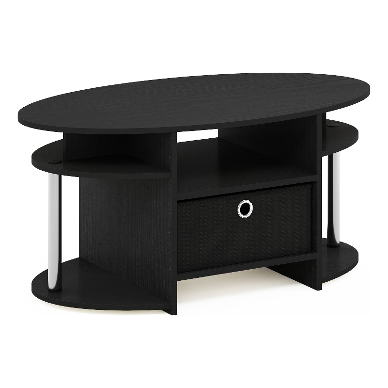 Furinno JAYA Simple Design Oval Coffee Table with Bin in Stainless Steel Tubes