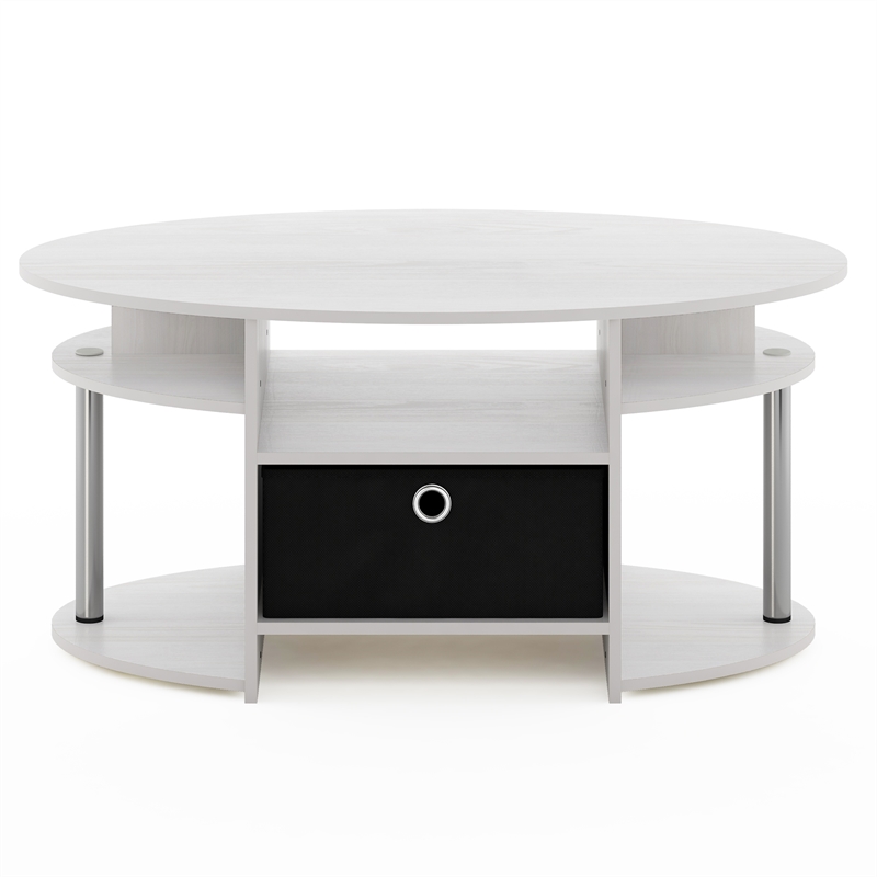 Furinno JAYA Simple Design Oval Coffee Table with Bin in Stainless Steel Tubes