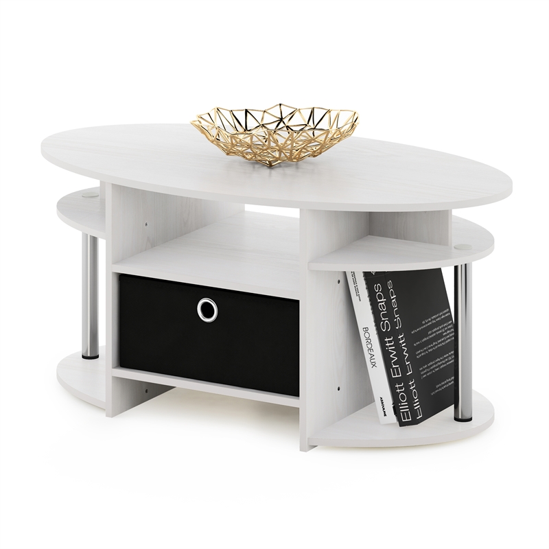 Furinno JAYA Simple Design Oval Coffee Table with Bin in Stainless Steel Tubes