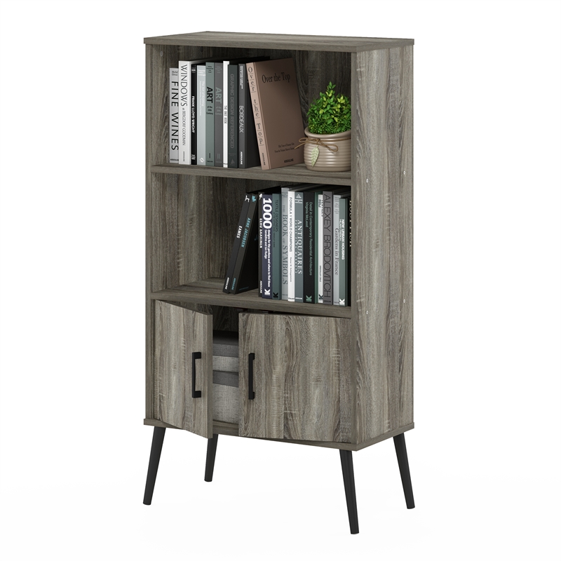 Furinno Claude Mid Century Style Accent Cabinet with Wood Legs French Oak Grey