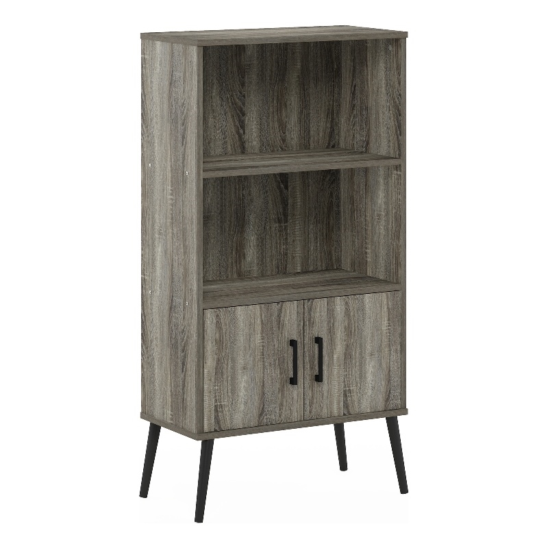 Furinno Claude Mid Century Style Accent Cabinet with Wood Legs French Oak Grey