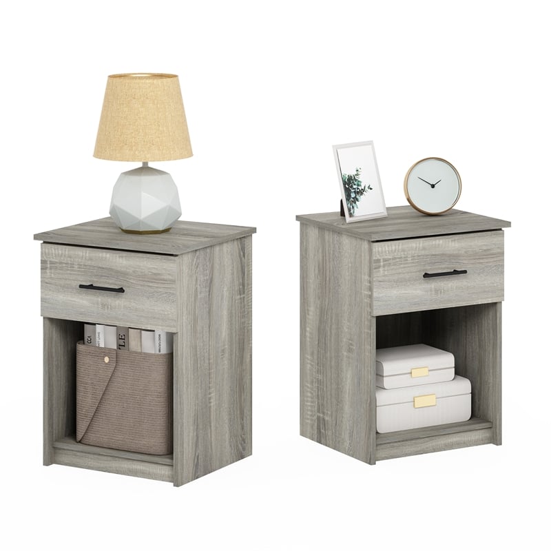 Furinno Tidur Nightstand with Handle with One Drawer in Set of 2 French Oak Grey