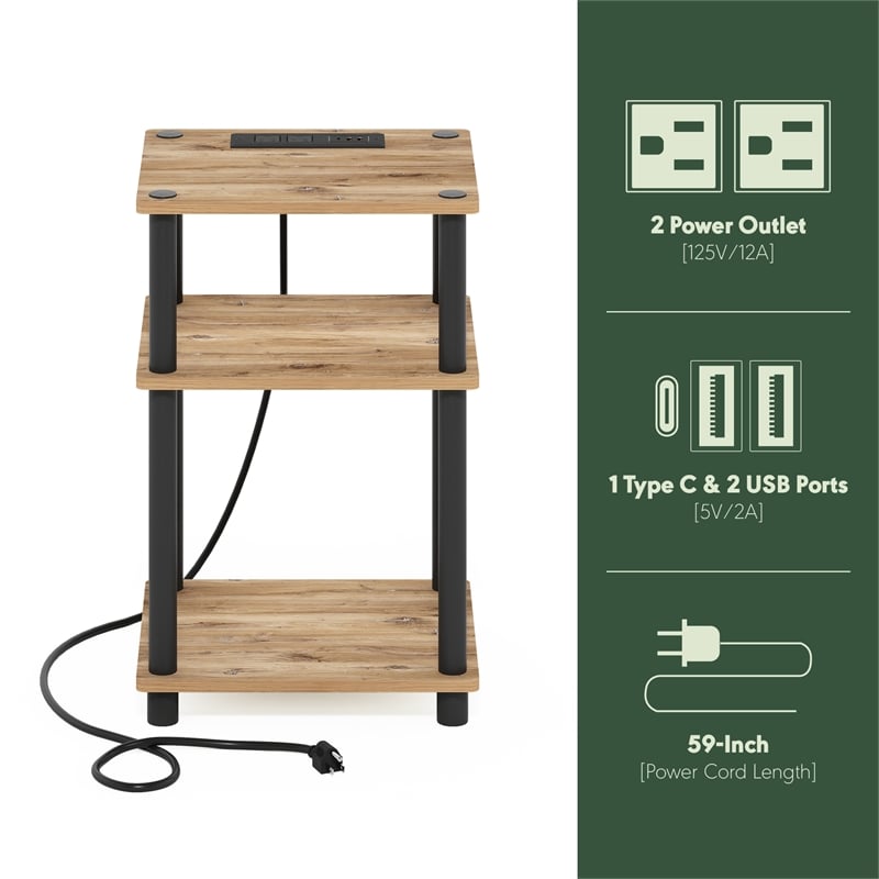 Furinno JUST 3-Tier Turn-N-Tube USB and Type-C Charging Port Flagstaff Oak/Black