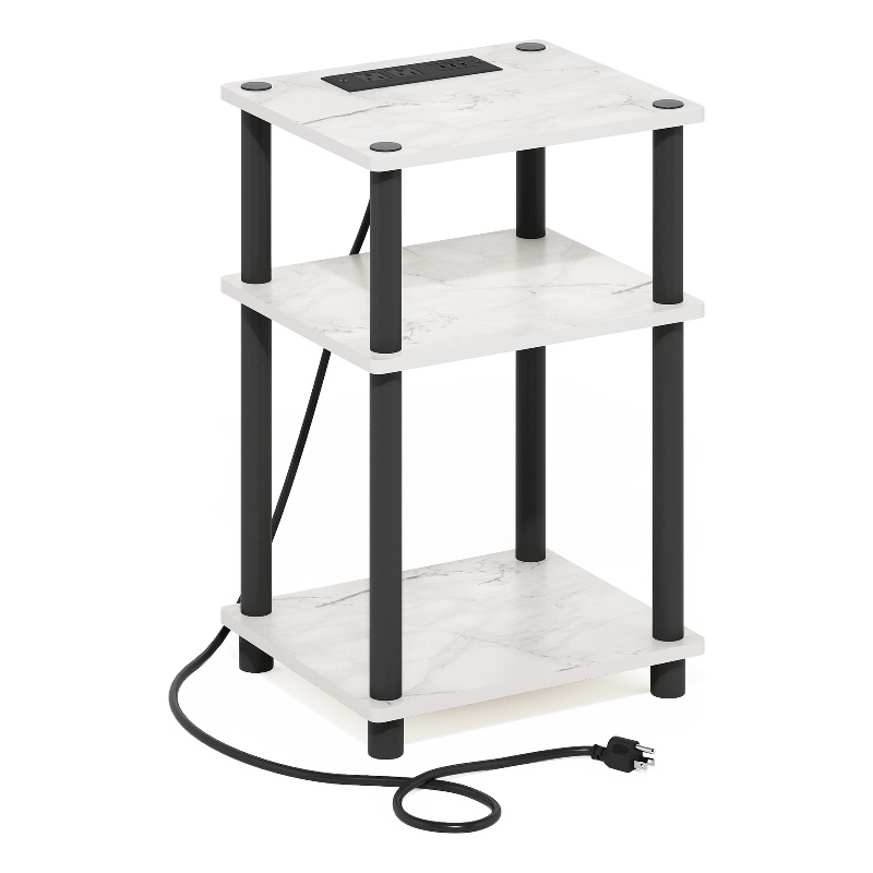 Furinno JUST 3-Tier Turn-N-Tube USB and Type-C Charging Port Marble White/Black
