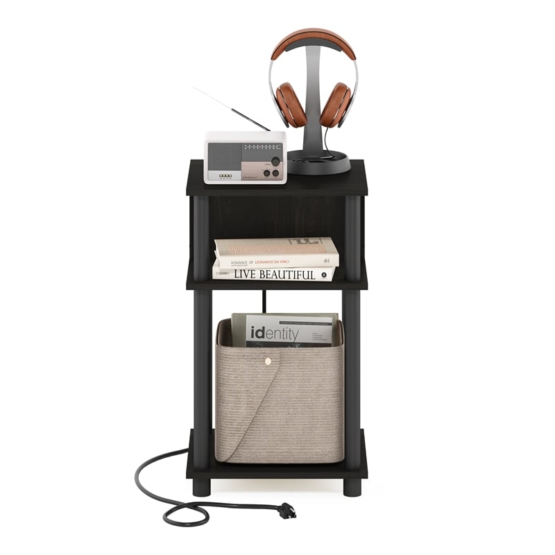Furinno JUST 3-Tier Turn-N-Tube Open Storage End Table with USB Espresso/Black