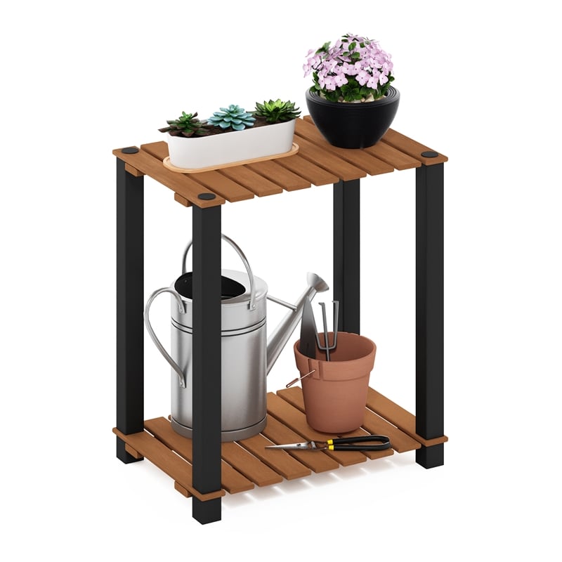 Furinno Pangkor 2-Tier Turn-N-Tube INDOor Outdoor Plant Shelf Natural/Black