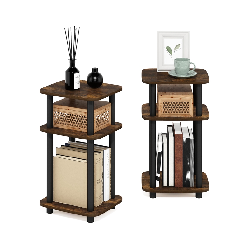 Furinno JUST 3-Tier Turn-N-Tube Curve End Table in Side Table Amber Pine/Black