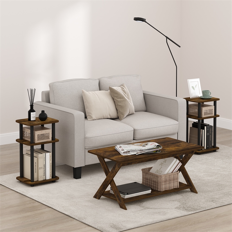 Furinno JUST 3-Tier Turn-N-Tube Curve End Table in Side Table Amber Pine/Black