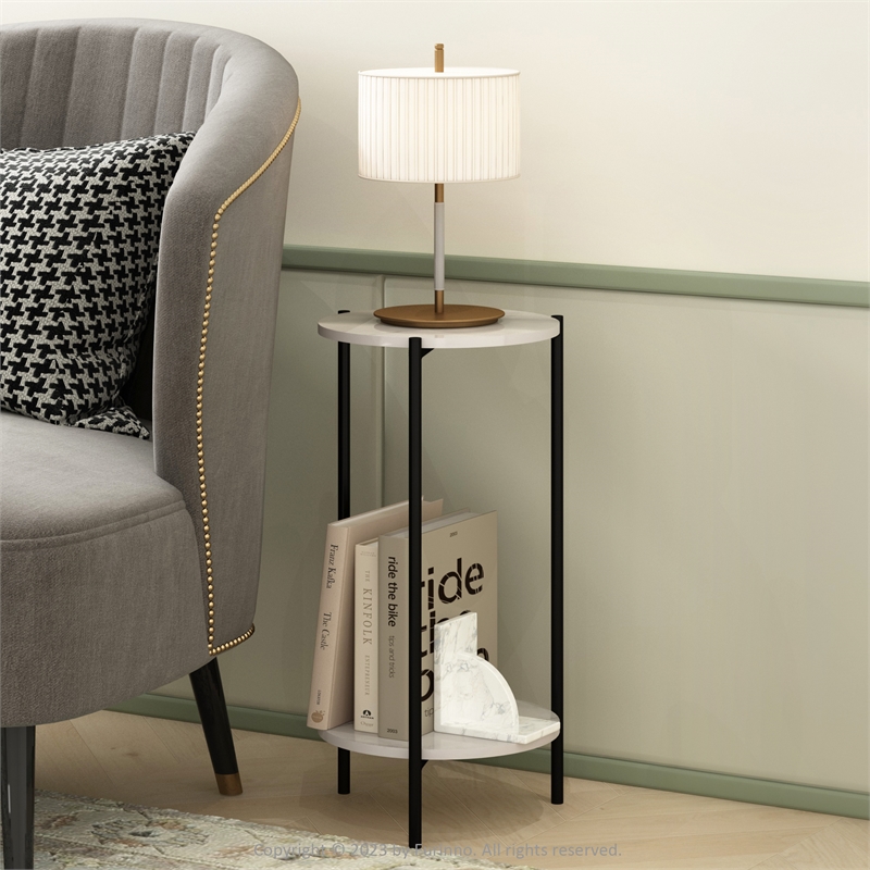 Furinno Besi 2-Tier Modern Tall Round Side End Table with Sturdy Marble White