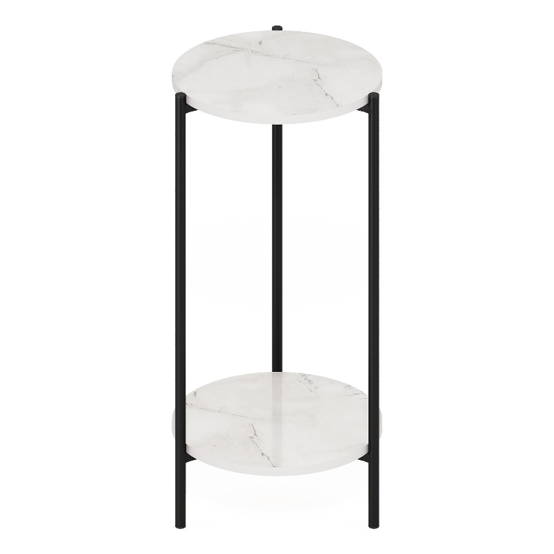 Furinno Besi 2-Tier Modern Tall Round Side End Table with Sturdy Marble White