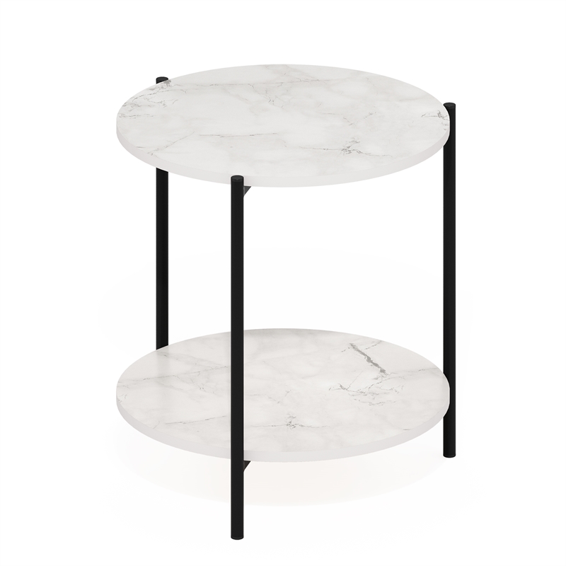 Furinno Besi 2-Tier Modern Round Side End Table with Sturdy Metal Marble White