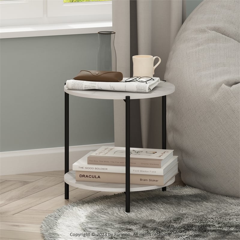 Furinno Besi 2-Tier Modern Round Side End Table with Sturdy Metal Marble White