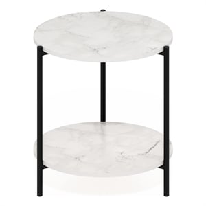 Furinno Besi 2-Tier Modern Round Side End Table with Sturdy Metal Marble White