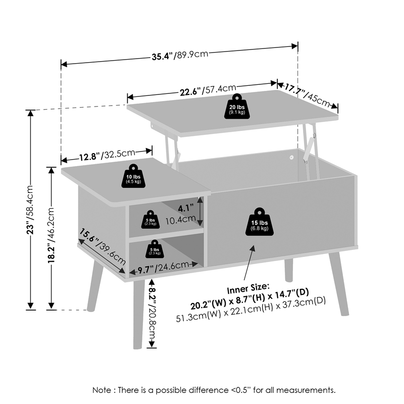 Furinno Jensen Wooden Leg Lift Top Coffee Table With Hidden French Oak Grey