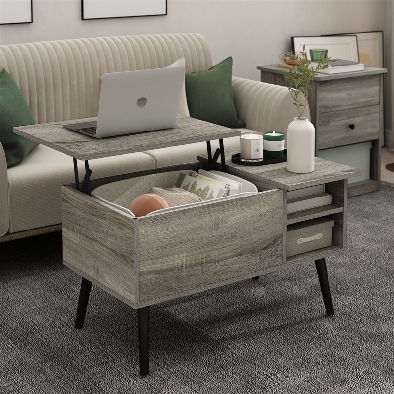 Furinno Jensen Wooden Leg Lift Top Coffee Table With Hidden French Oak Grey