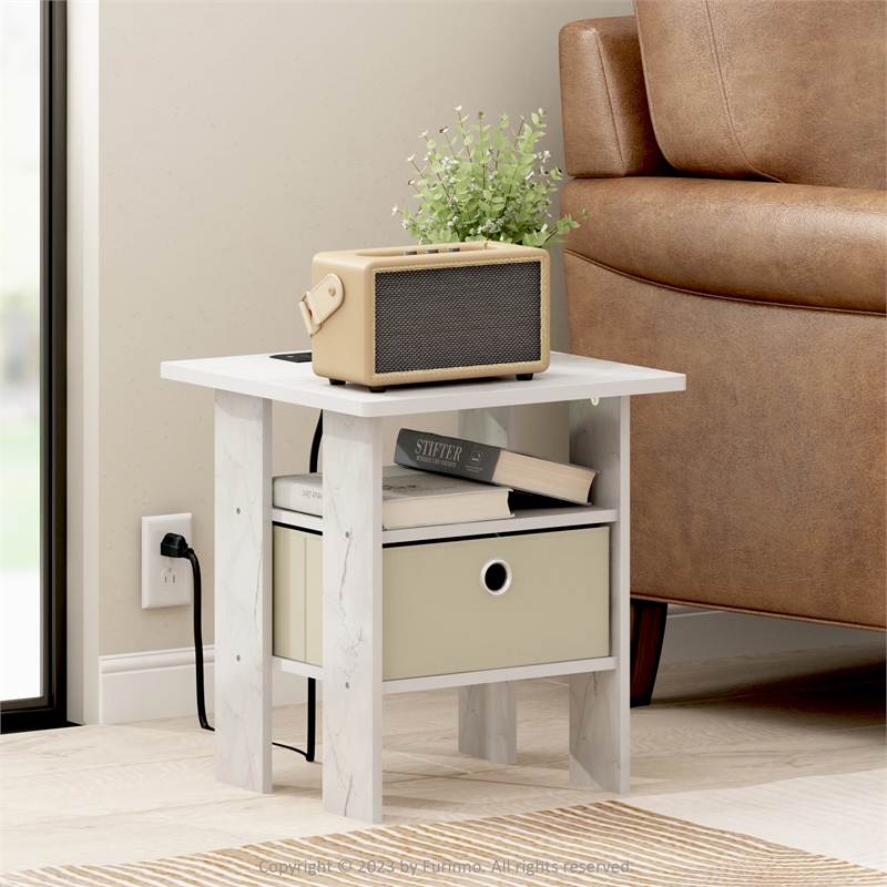 Furinno ANDREY USB and Type-C Port Charging Station End Table Marble White/Ivory