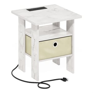 Furinno ANDREY USB and Type-C Port Charging Station End Table Marble White/Ivory