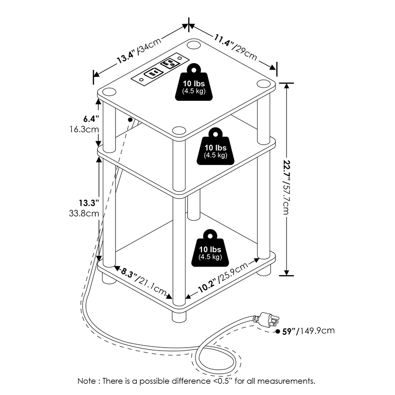 Furinno Just 3-Tier Turn-N-Tube Open Storage Side Table in End Table White/White