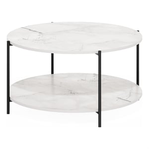 Furinno Besi 2-Tier Modern Round Coffee Table Table with Marble White/Black