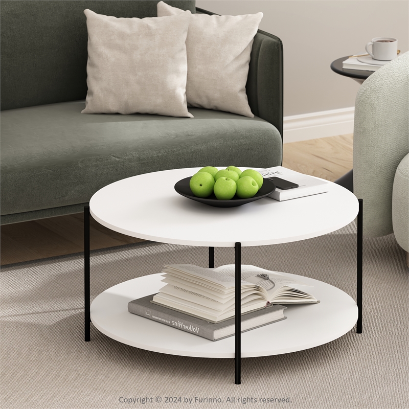 Furinno Besi 2-Tier Modern Round Coffee Table Table with Sturdy White/Black