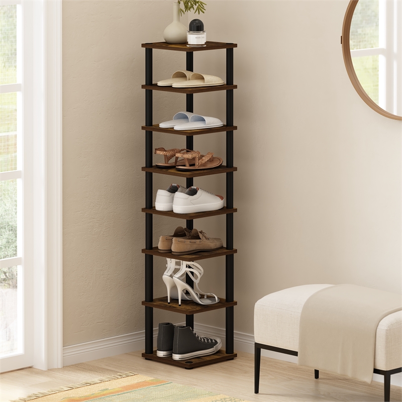 Furinno TURN-N-TUBE 8-Tier Vertical Free Standing Shoe Tower in Amber Pine/Black